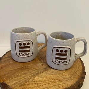 Cream Brown Vintage Speckled Stoneware CROWN Artisan Mugs Set Of 2 Handcrafted